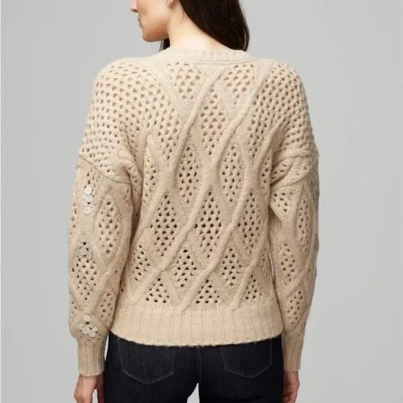 WHBM Sequin Cable Knit Sweater Beige Chunky Embellished Cozy Glam XS Holiday - Picture 11 of 14